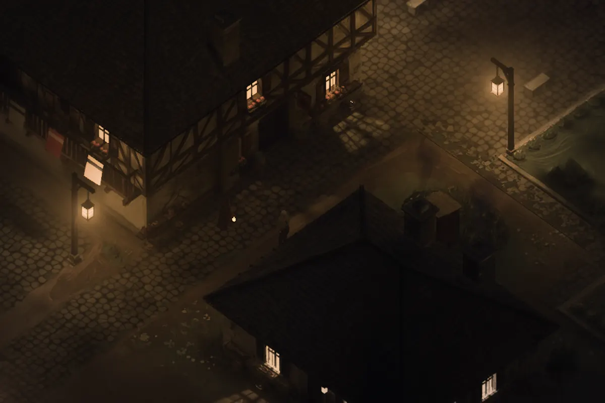 The rebuilt inn and bakehouse after dark, with lit windows and travelers on the lane