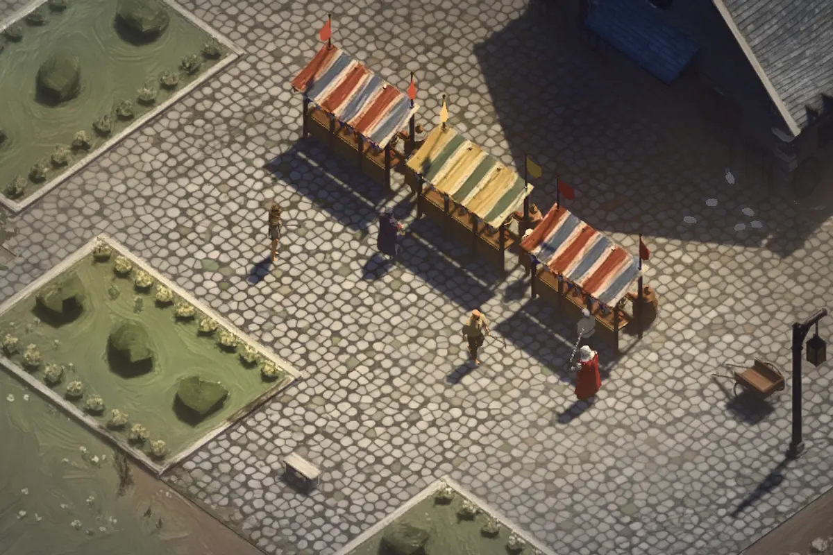 Traders and customers along the rebuilt market street, beside three striped stall pitches